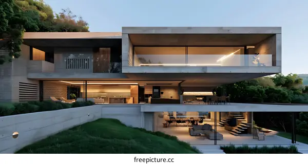 Modern Concrete House with Large Windows and Green Landscape