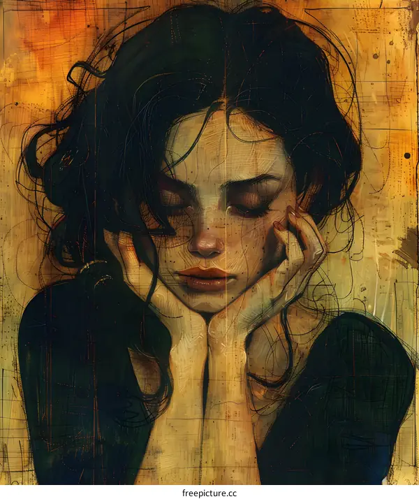 An illustration of a pensive woman with dark hair and red lips cupping her face