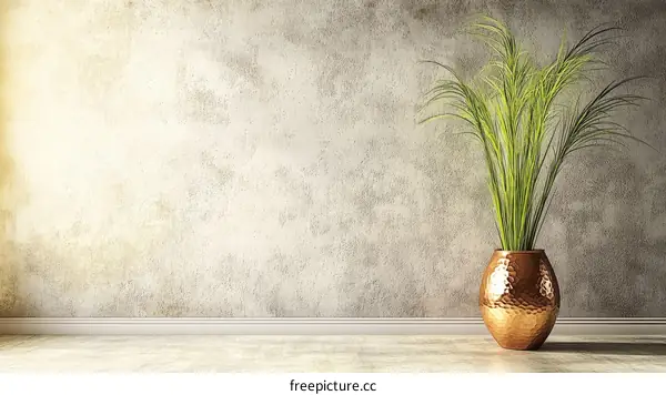 Empty room with decorative copper vase and plants
