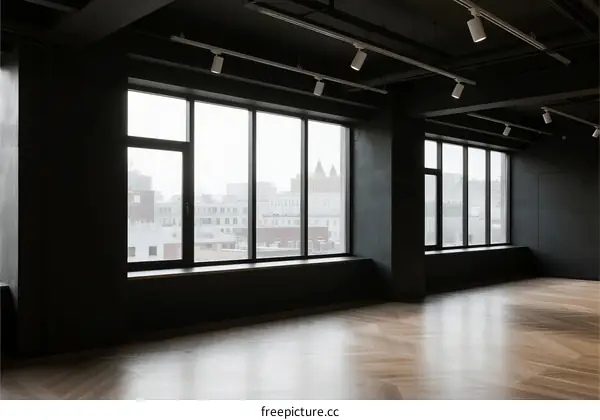 Modern empty room with large windows and dark walls