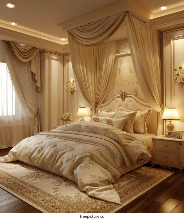 Ornate golden bedroom with a large bed and a canopy