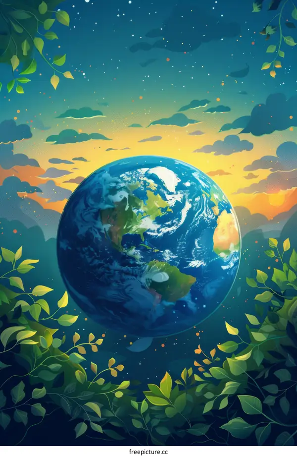 Illustration of Earth with green leaves in the foreground and a sunset in the background