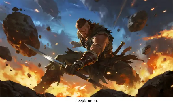 Brave warrior fighting with sword amid exploding rocks and fire