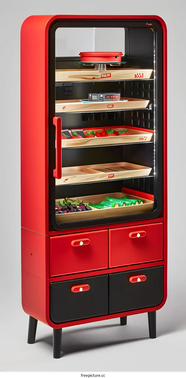 Red Refrigerator with Glass Door and Wooden Shelves
