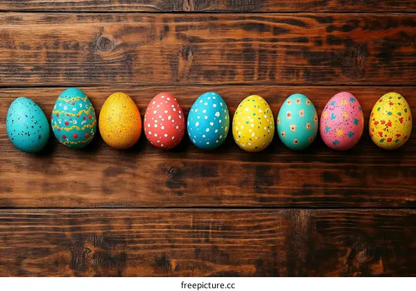 Colorful Easter Eggs on Wooden Background