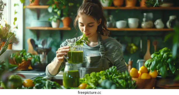 Young woman smelling fresh herbs in the kitchen