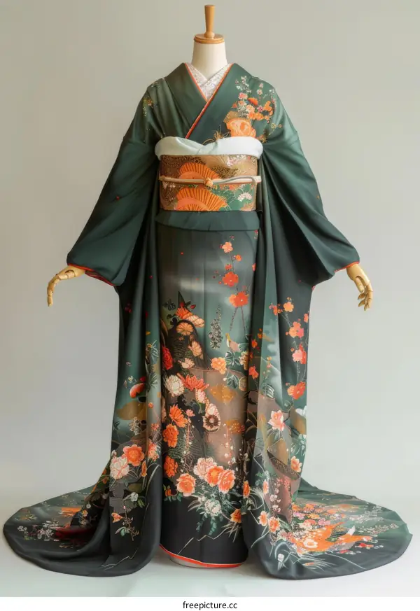 A woman wearing a green kimono with orange and yellow floral patterns.