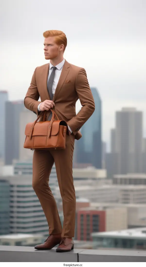 A Man in a Brown Suit Holding a Leather Bag