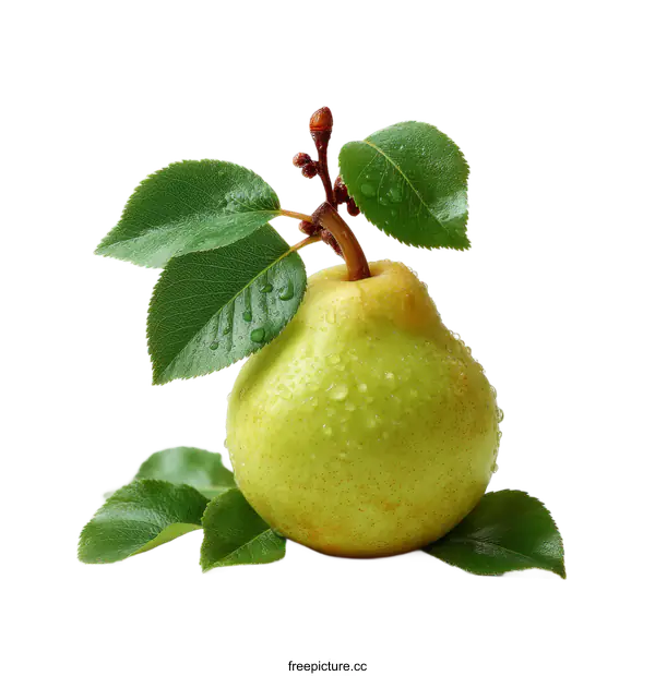 [Transparent Background PNG]Fresh Pear with Leaves Closeup