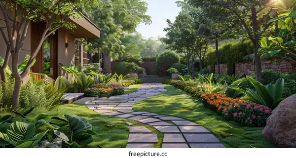Serene Courtyard with Lush Tropical Plants and Stone Path