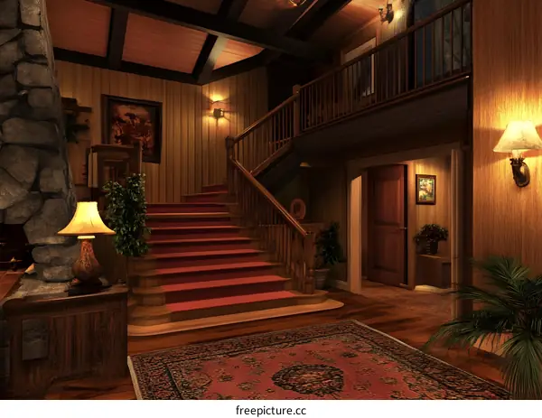 Wooden Staircase Interior Design with Red Carpet