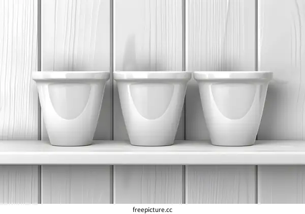 Three White Ceramic Pots on Wooden Shelf