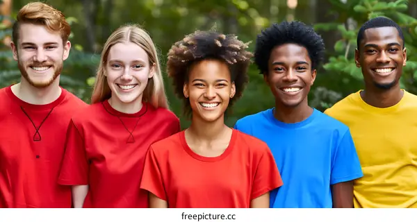 Group of Diverse People Smiling Together In Red Yellow Blue T Shirts Outdoors