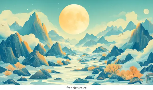 Mystical Mountain Landscape Under the Full Moon
