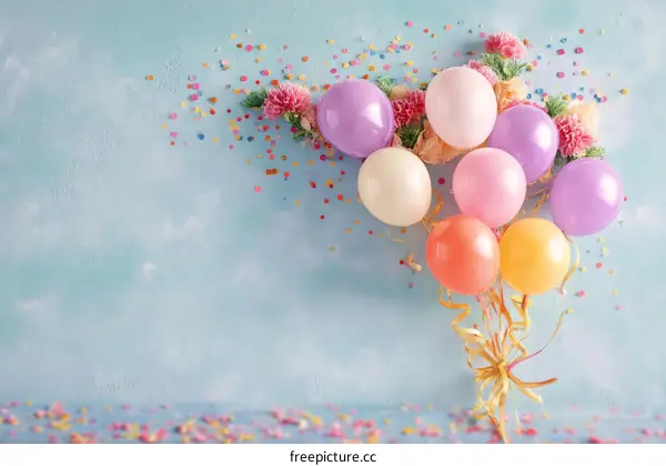 Pastel Birthday Balloons and Confetti Background