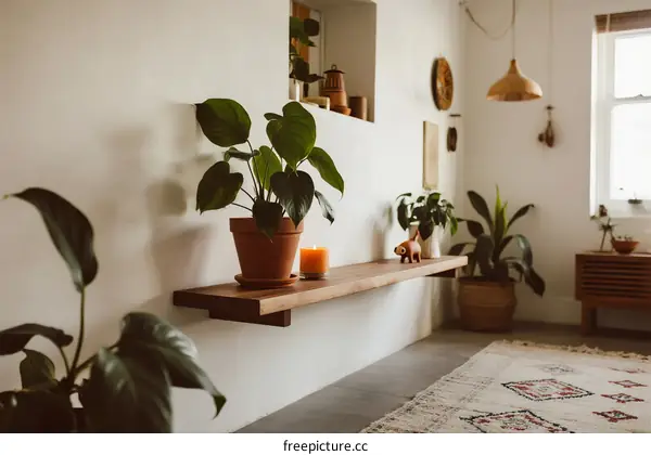 Cozy indoor space with various green plants and a wooden shelf