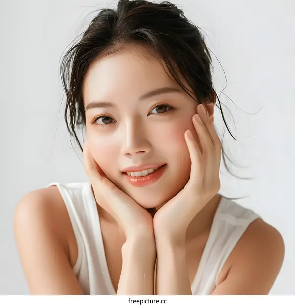 Beautiful Asian Woman with Natural Makeup Smiling at the Camera