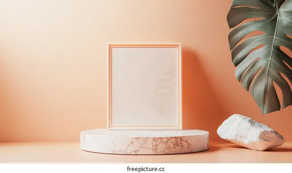 Empty Frame on Marble Pedestal with Tropical Leaf
