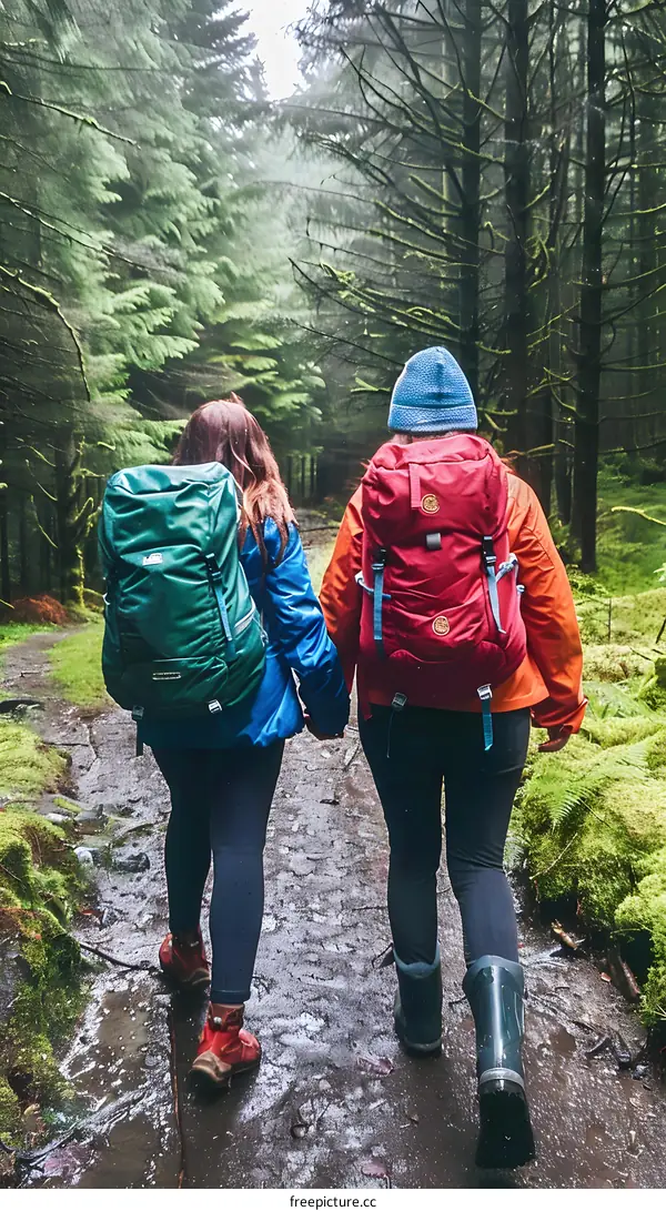 Two Women Hiking Through Forest Trail