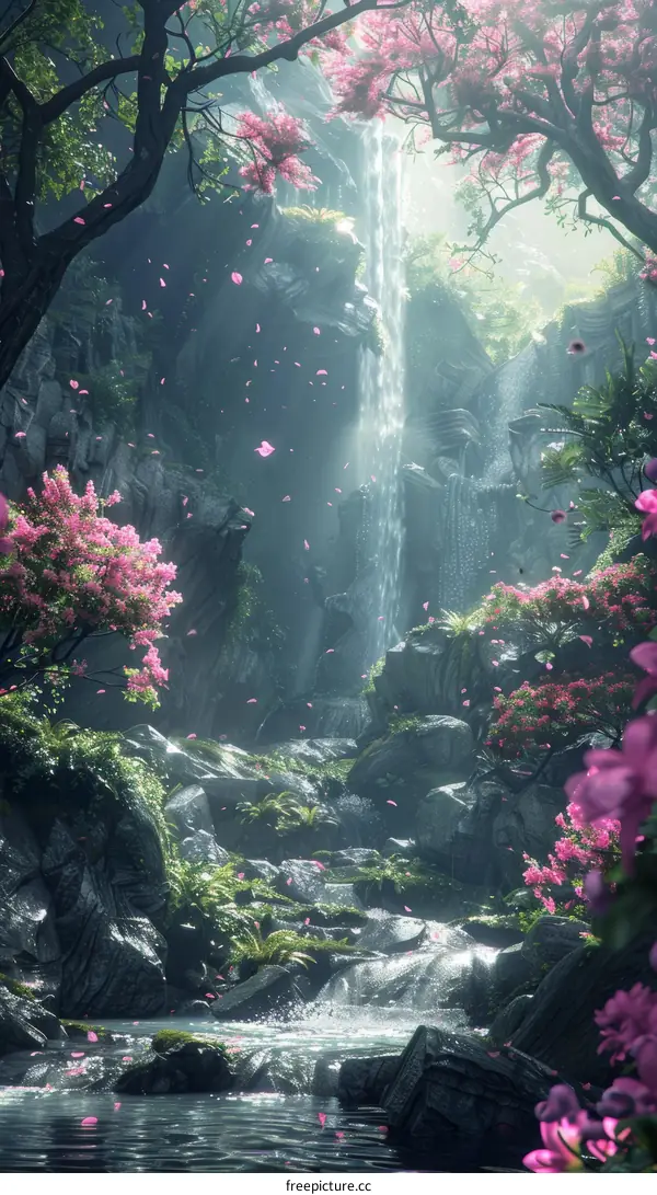 Enchanted Waterfall Landscape with Cherry Blossoms