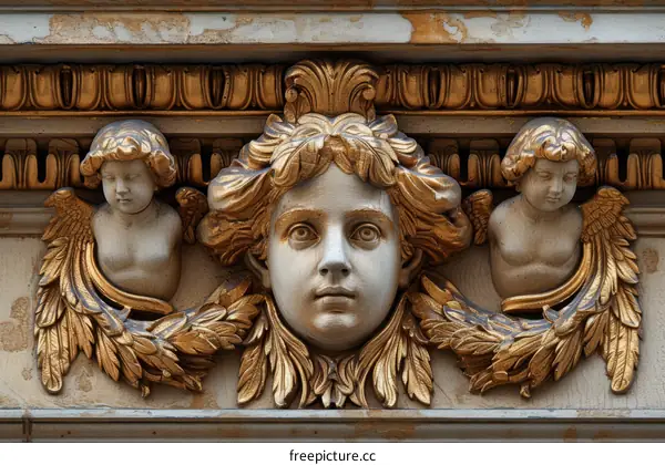 Architectural detail of a female head flanked by two cherubs