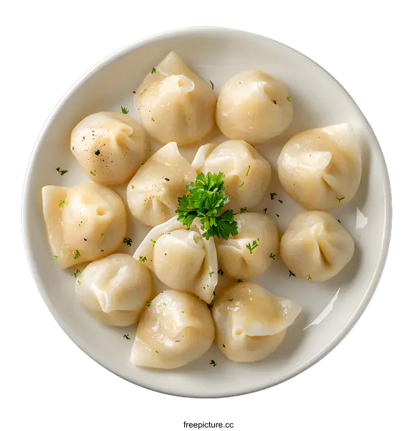 [Transparent Background PNG]dumplings with parsley on a white plate