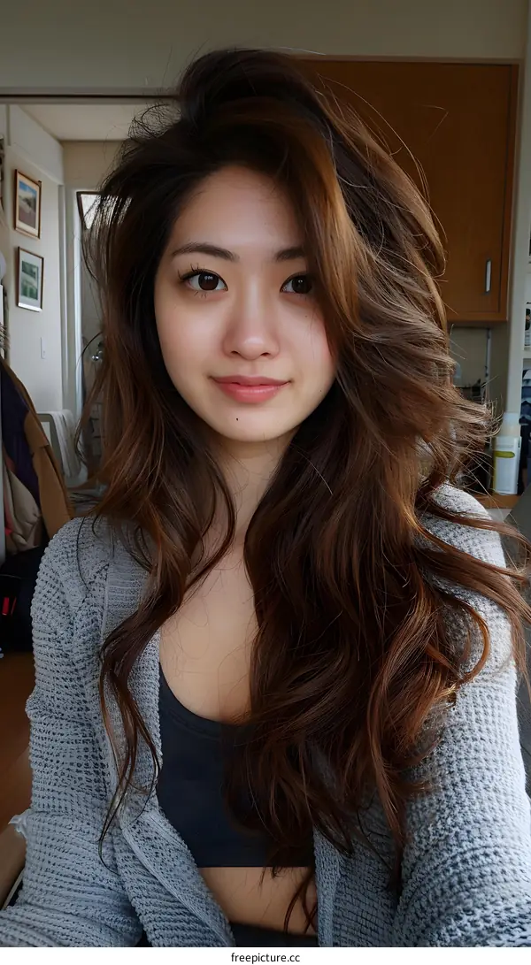portrait of a young asian woman with long brown hair