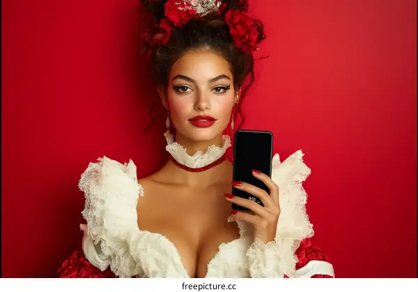 Elegant Woman in Red and White Dress Holding a Phone