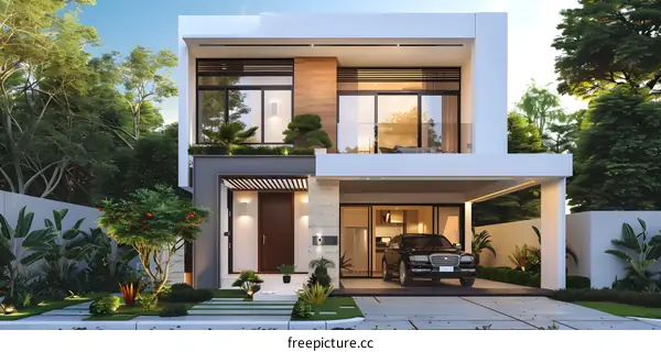 Modern Two Story House with a Car in the Garage