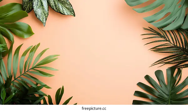 Tropical Leaves Border on Peach Background