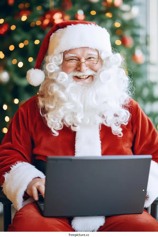 Santa Claus Working on a Laptop near Christmas Tree
