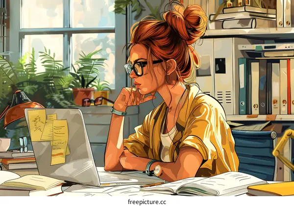 A thoughtful woman wearing glasses is working on her laptop in a home office.