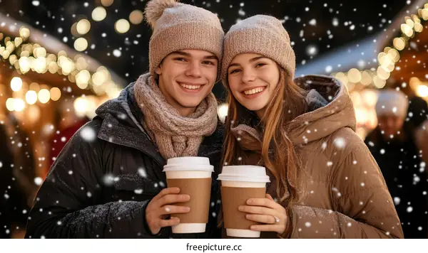 Couple Enjoying Coffee in Snowy Christmas Market