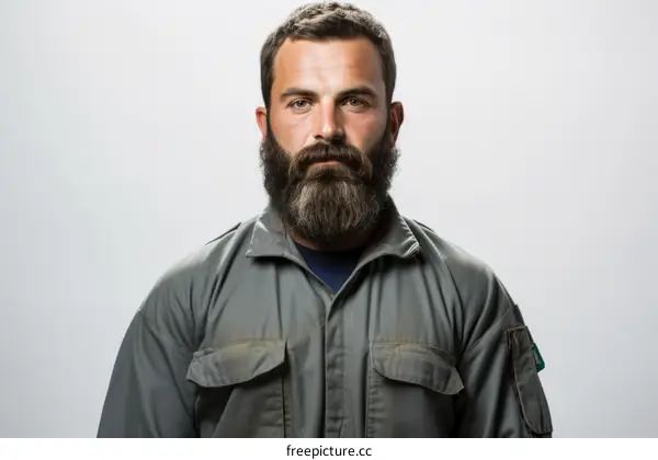 portrait of a man with a thick beard wearing a jumpsuit