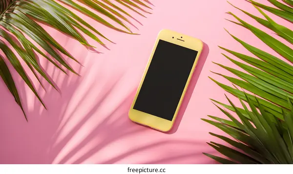 Yellow Smartphone With Palm Leaves On Pink Background