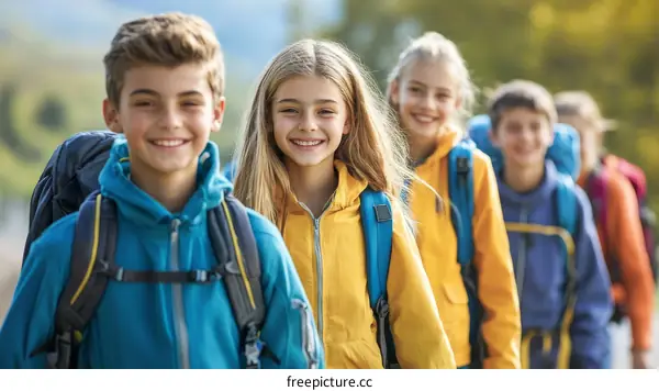 Group of children hiking in nature