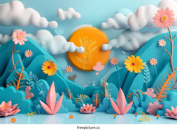 Whimsical 3D Landscape with Rolling Hills, Flowers, and Clouds