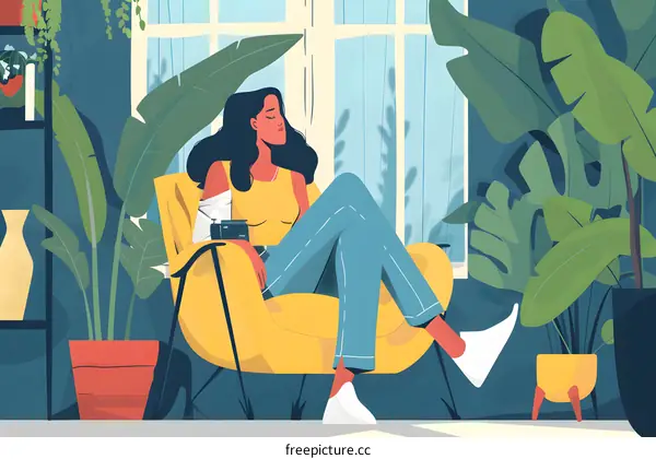 Woman Relaxing In Comfortable Yellow Chair Near Window