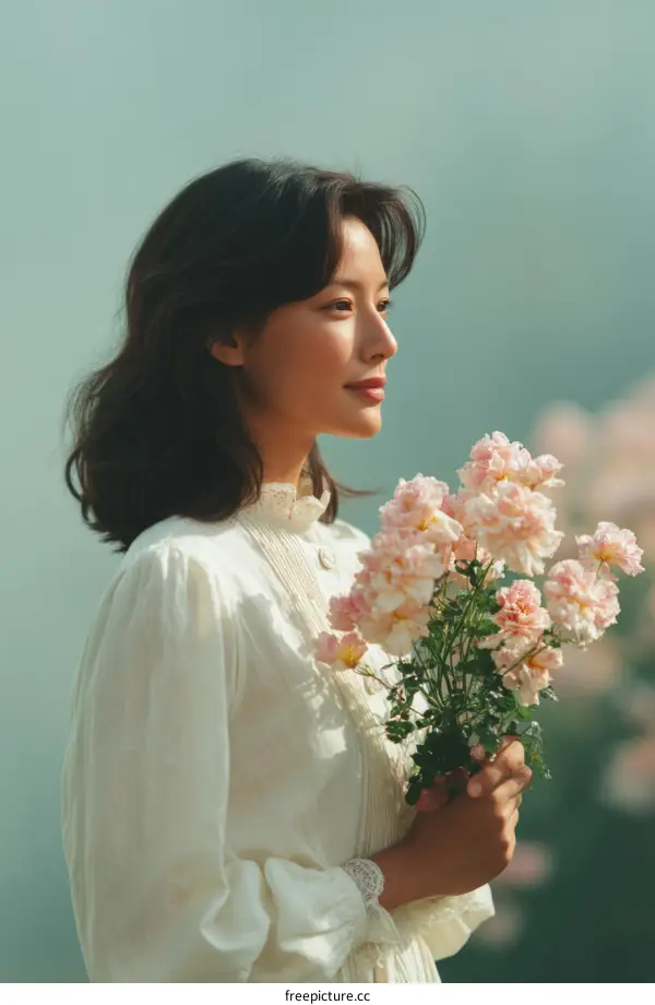 Elegant Woman with a Bouquet of Pink Flowers