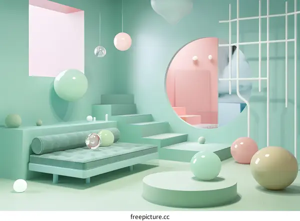 Abstract Green and Pink Interior Design with Spheres