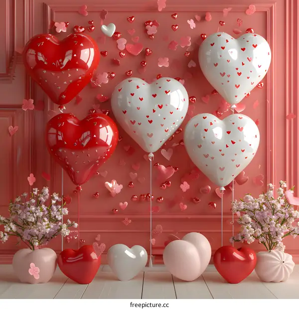 Red and white heart-shaped balloons and pink cherry blossom flowers for Valentines Day