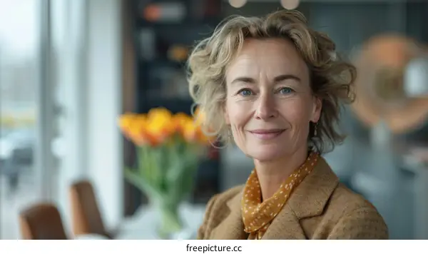 portrait of a smiling middle aged woman with blond hair