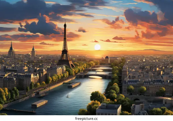 Paris cityscape with the Eiffel Tower at sunset
