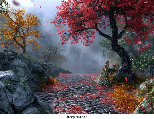 Fantastic Landscape with Majestic Red Tree and Stone Pathway
