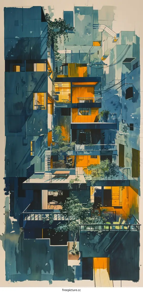 Illustration of a Modern City Building with Rooms and Balconies