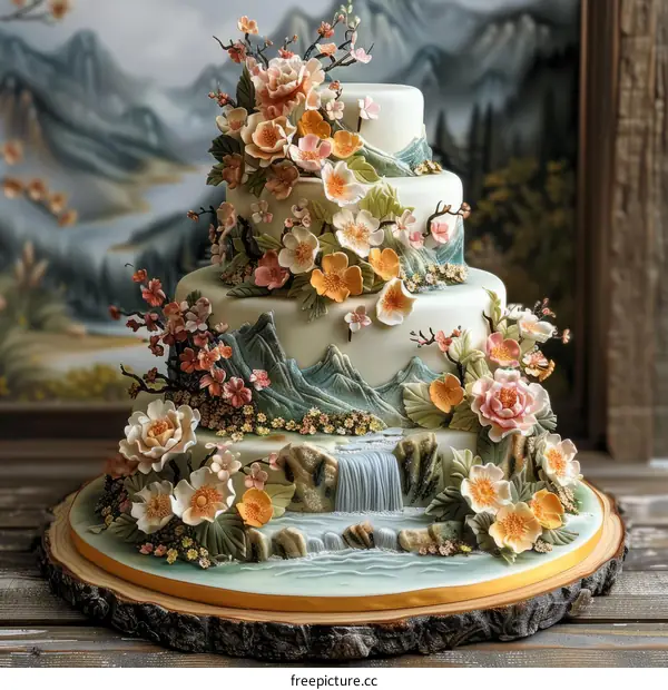 Four-Tier Wedding Cake with Pink and Orange Flowers and Green Mountain Scenery