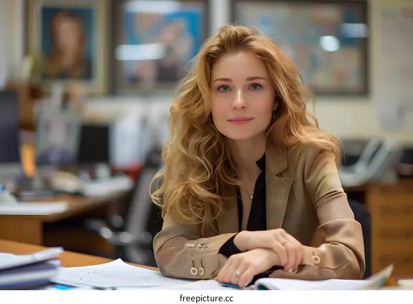 Portrait of a young woman in a brown suit