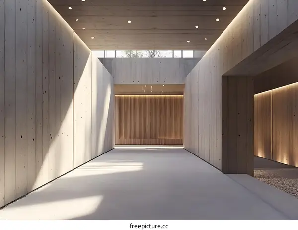 Minimalist Concrete Hallway with Wooden Wall and Sunlight