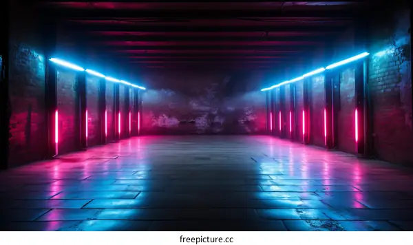 Glowing neon lights in an empty room with brick walls and concrete floor
