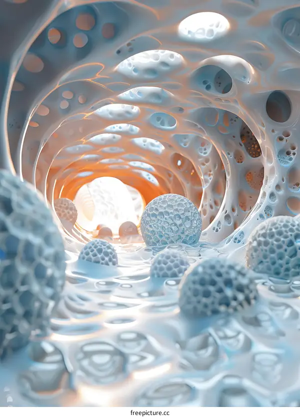 Glowing Spheres in a Futuristic Organic Tunnel Structure